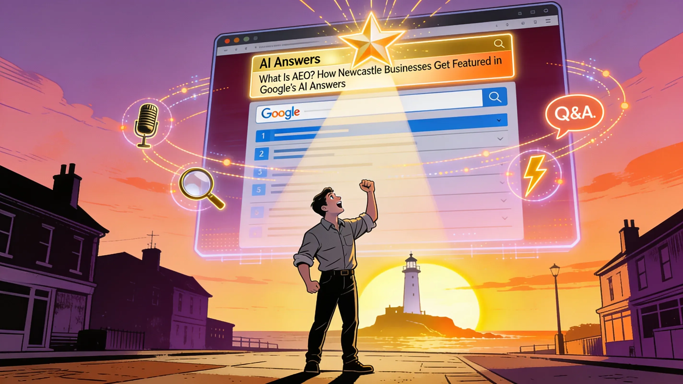 Illustration of a Newcastle tradesperson celebrating in front of a giant search results screen showing an AI Answers box above the blue links