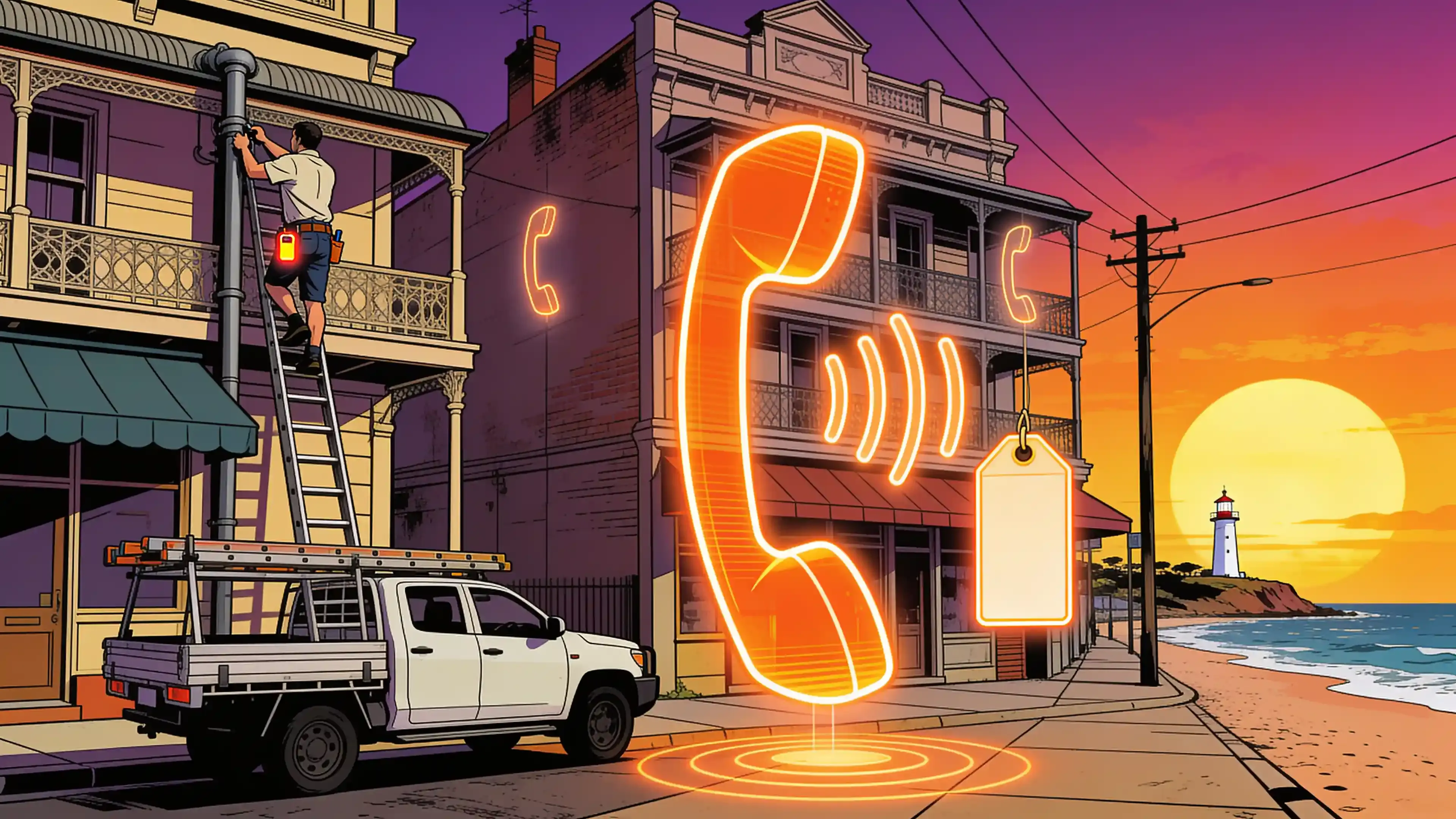Illustration of a plumber halfway up a ladder against a Newcastle terrace shopfront at golden hour, a phone glowing in their back pocket, with a large orange holographic panel shaped like a phone handset and a sound wave floating over the street and a smaller blank price-tag panel beside it