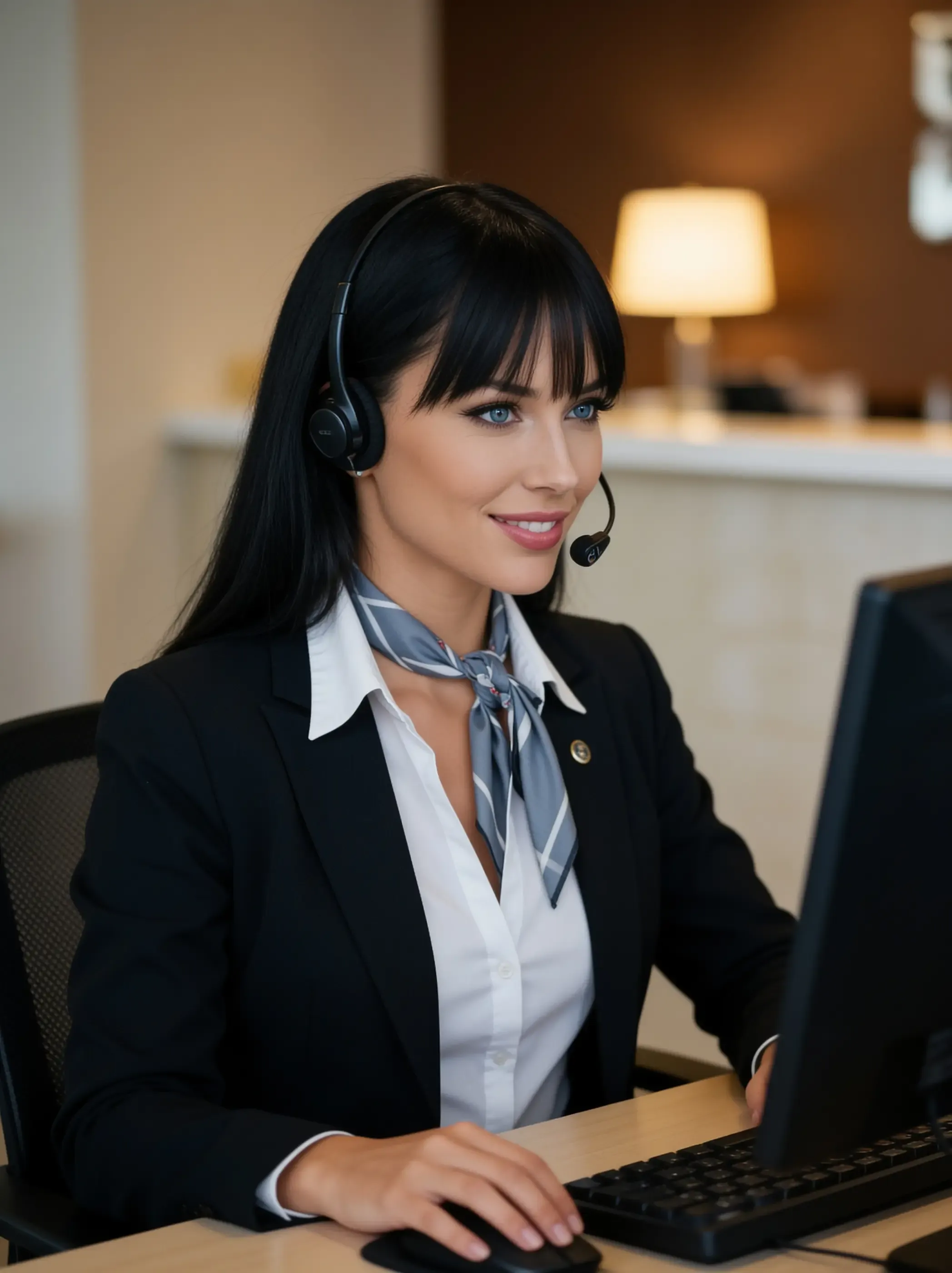 Chloe, the AI receptionist, on a headset at a desk taking a call. A generated image, not a photograph of a person.