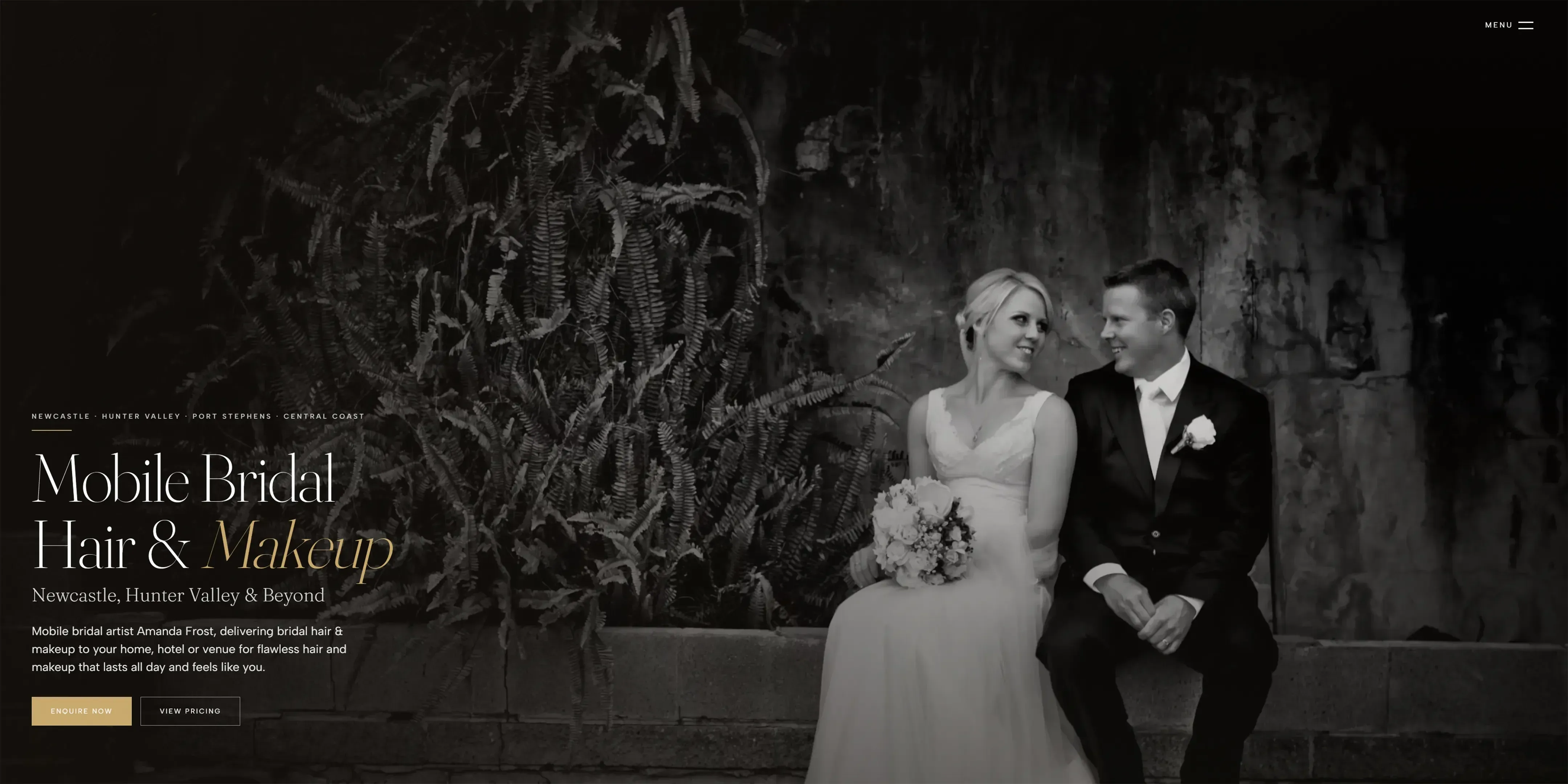 The Bellus home page hero: a Newcastle, Hunter Valley, Port Stephens and Central Coast strip, the 'Mobile Bridal Hair & Makeup' headline, a line of intro copy and Enquire Now and View Pricing buttons, over a black and white photograph of a bride and groom sitting against a fern wall.