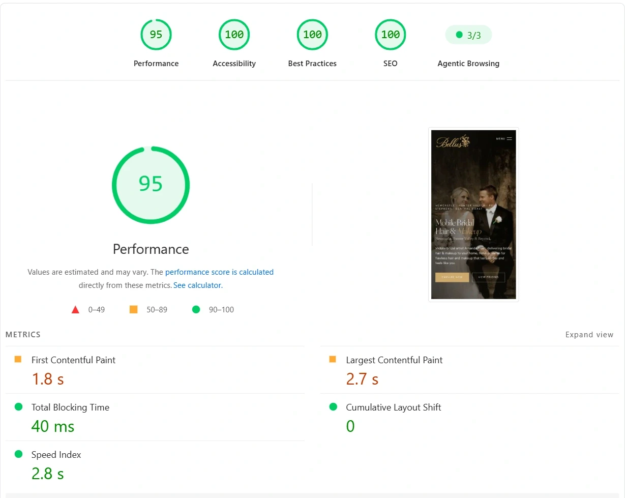 PageSpeed Insights report for bellus.com.au on mobile, 28 August 2026: Performance 95, Accessibility 100, Best Practices 100, SEO 100, and Agentic Browsing 3 out of 3. First Contentful Paint 1.8 seconds, Largest Contentful Paint 2.7 seconds, Total Blocking Time 40 milliseconds, Cumulative Layout Shift 0, Speed Index 2.8 seconds.