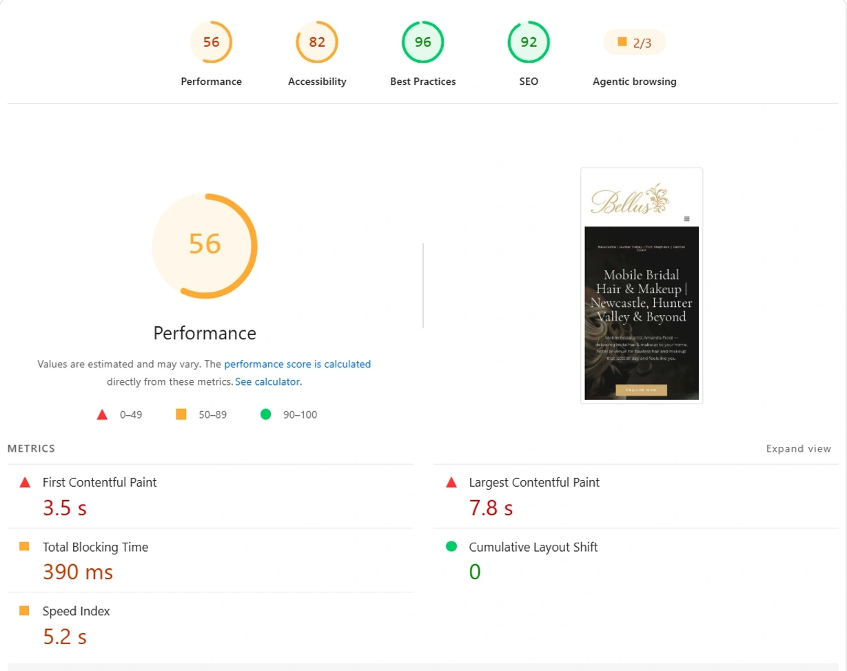 PageSpeed Insights report for the old WordPress site on mobile, 27 August 2026: Performance 56, Accessibility 82, Best Practices 96, SEO 92, and Agentic Browsing 2 out of 3. First Contentful Paint 3.5 seconds, Largest Contentful Paint 7.8 seconds, Total Blocking Time 390 milliseconds, Speed Index 5.2 seconds.