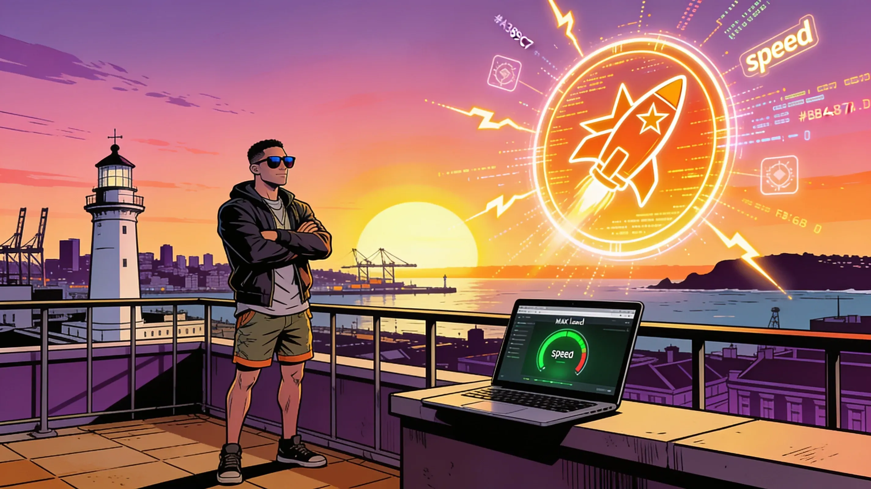 Illustration of a web designer on a Newcastle rooftop at sunset beside a laptop showing a green page speed gauge and a glowing Astro rocket emblem
