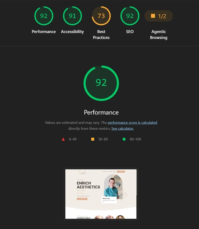 Lighthouse report for the old Enrich Aesthetics home page on desktop, captured 29 August 2026: Performance 92, Accessibility 91, Best Practices 73, SEO 92, and Agentic Browsing 1 out of 2.