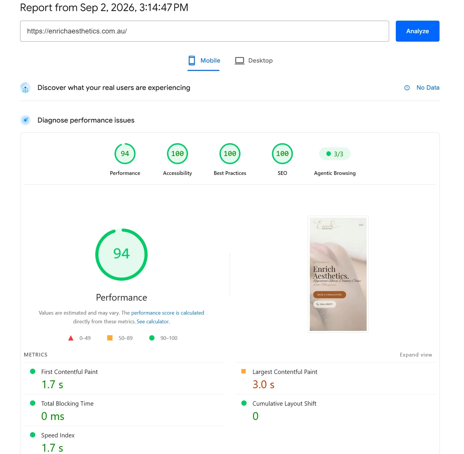PageSpeed Insights report for enrichaesthetics.com.au on mobile: Performance 94, Accessibility 100, Best Practices 100, SEO 100, and Agentic Browsing 3 out of 3. First Contentful Paint 1.7 seconds, Largest Contentful Paint 3.0 seconds, Total Blocking Time 0 milliseconds, Cumulative Layout Shift 0, Speed Index 1.7 seconds.