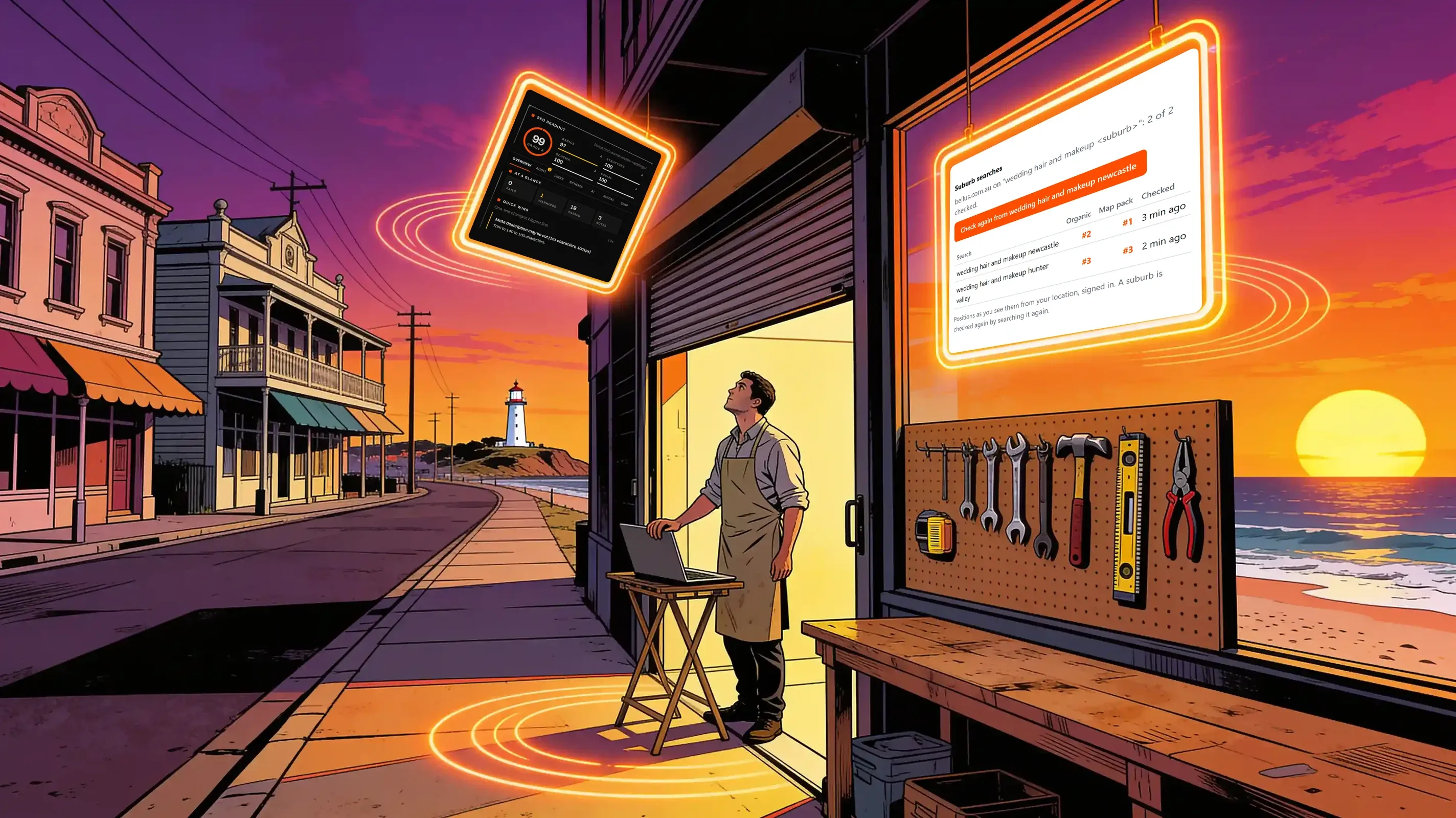 Illustration of a business owner in an apron at the open roller door of a beachfront shop at sunset, a pegboard of hand tools beside them, looking up at two glowing orange panels: SEO Readout scoring a Newcastle wedding page 99, and Rank Readout's suburb table for wedding hair and makeup in Newcastle and the Hunter Valley