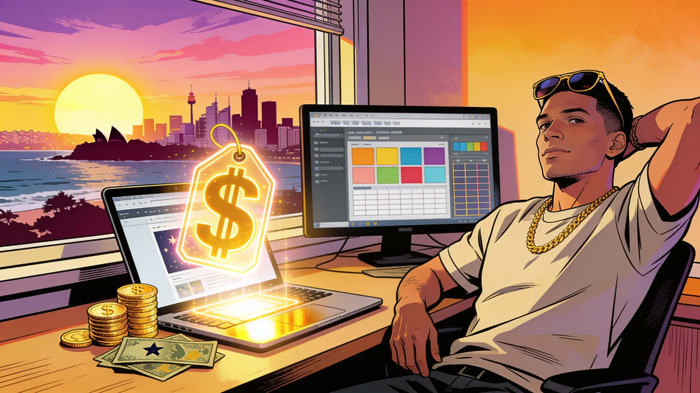 Illustration of a relaxed business owner at a desk with a glowing dollar price tag floating above a laptop, Australian coastline at sunset behind