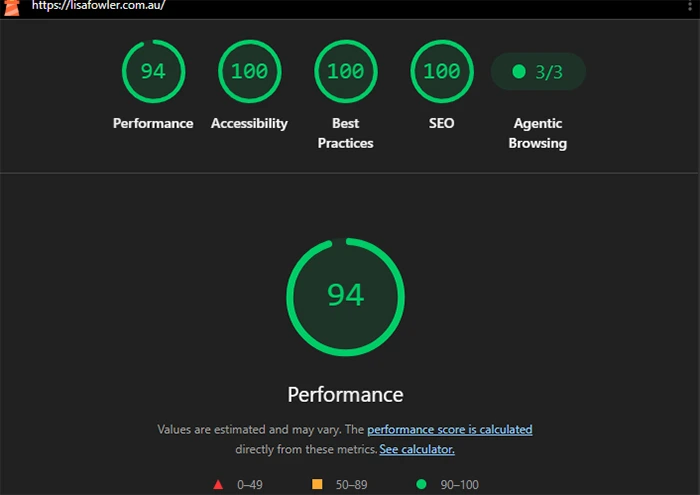 Lighthouse report for lisafowler.com.au on mobile: Performance 94, Accessibility 100, Best Practices 100, SEO 100, and Agentic Browsing 3 out of 3.
