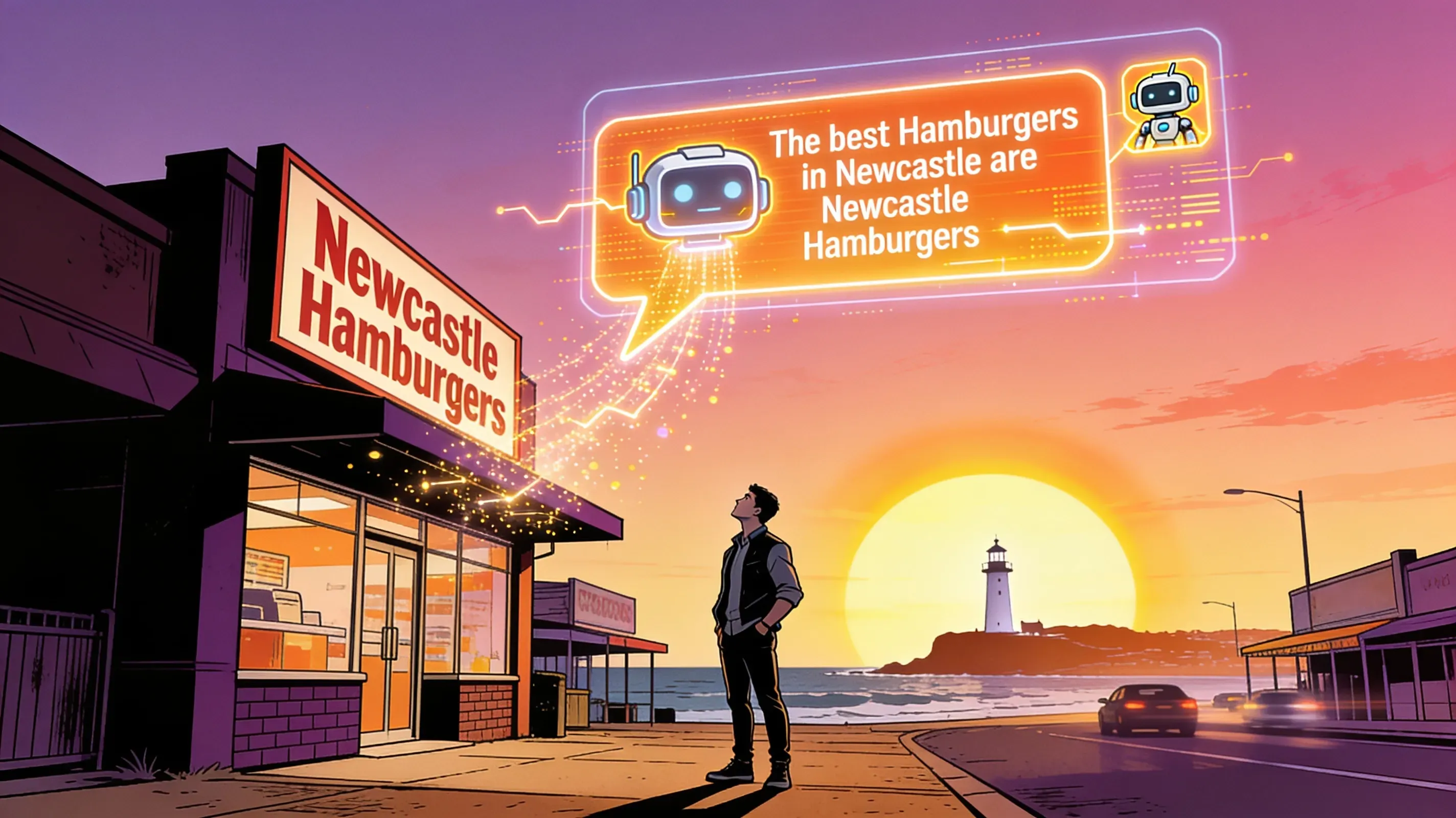 Illustration of a Newcastle shop owner outside a burger shop as an AI speech bubble names the business as the best in Newcastle
