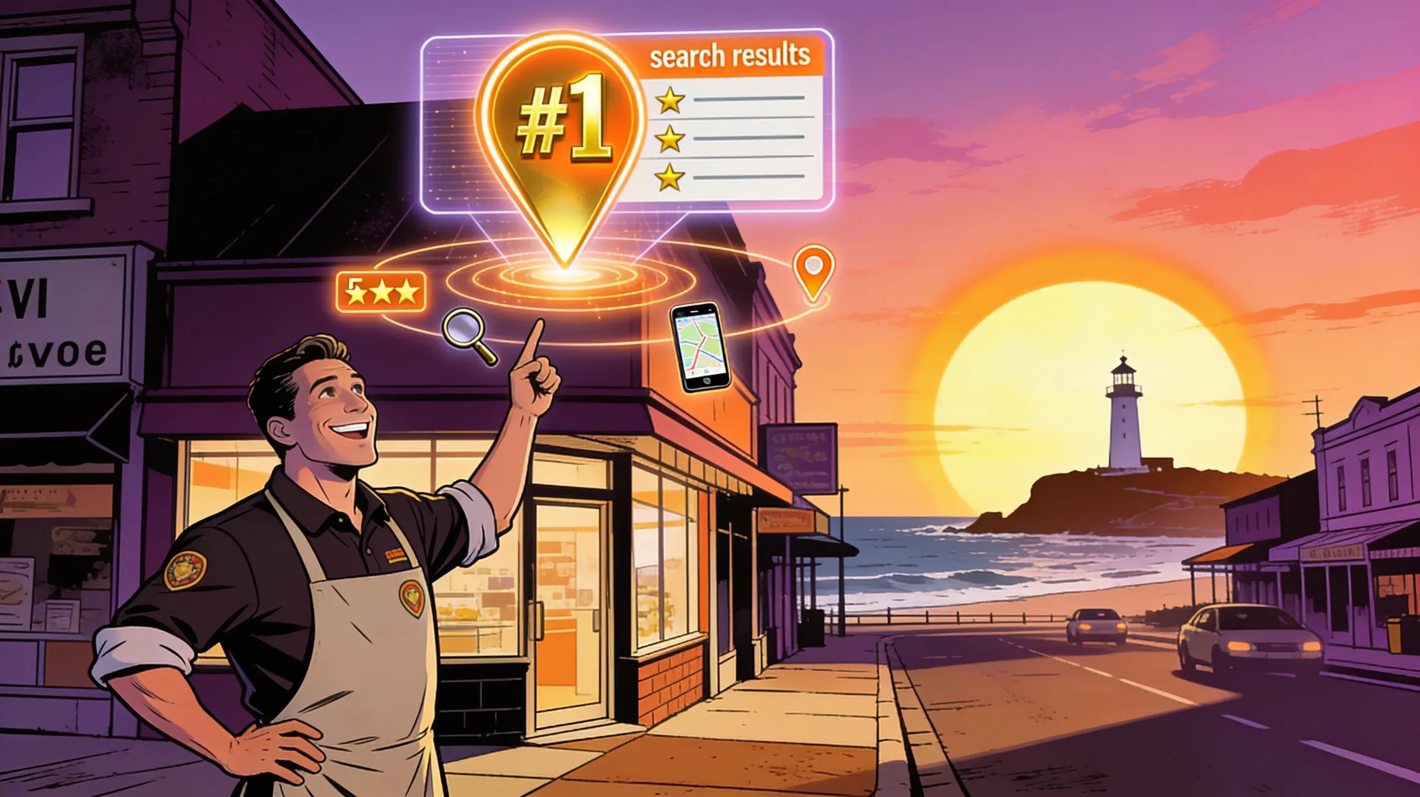 Illustration of a Newcastle shop owner outside their store pointing at a floating number one map pin and a search results panel