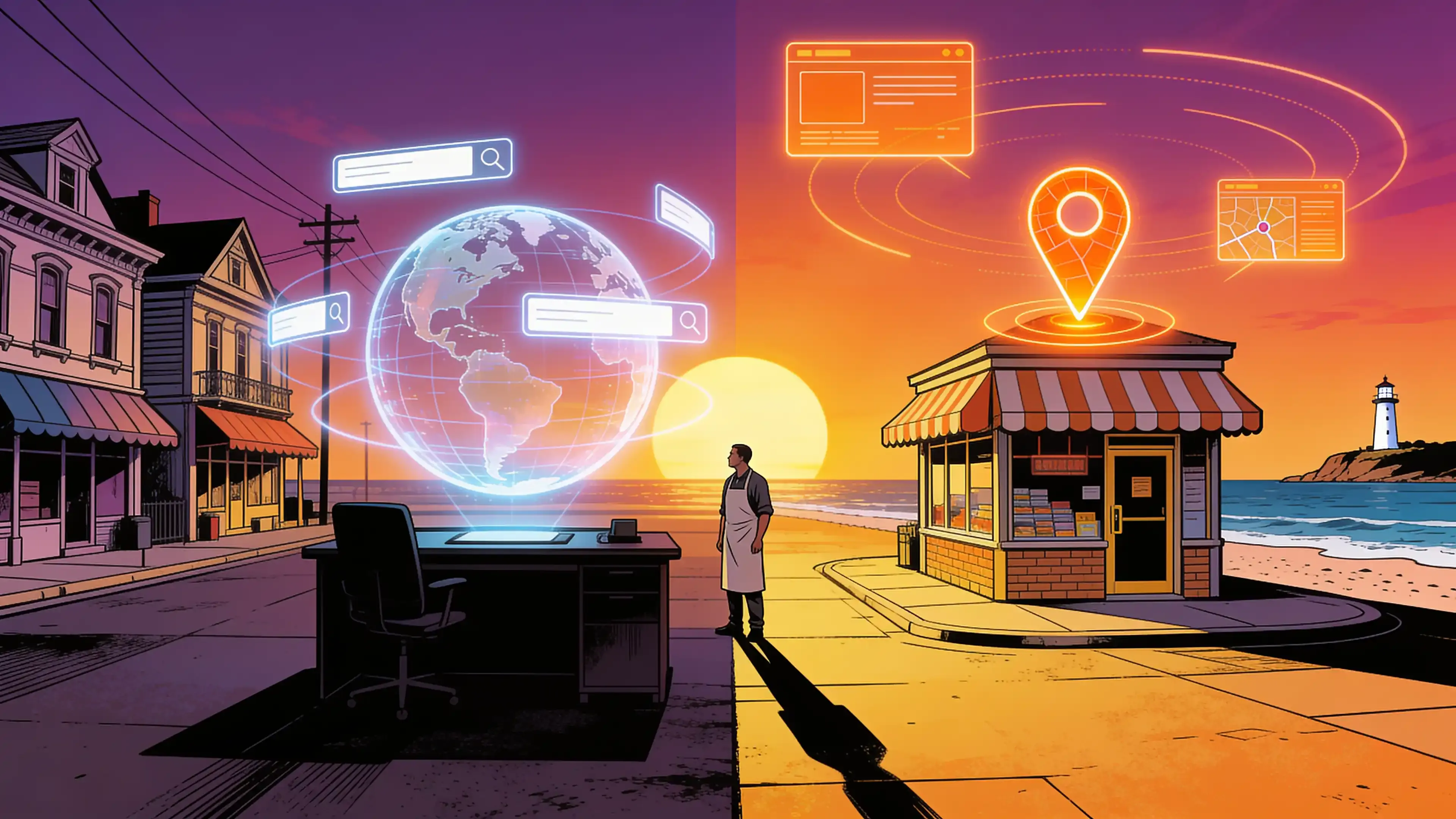 Illustration of a split scene: on the left a globe with search result panels floating around it, on the right a Newcastle street corner with a glowing orange map pin over a shopfront, and a small business owner standing between the two