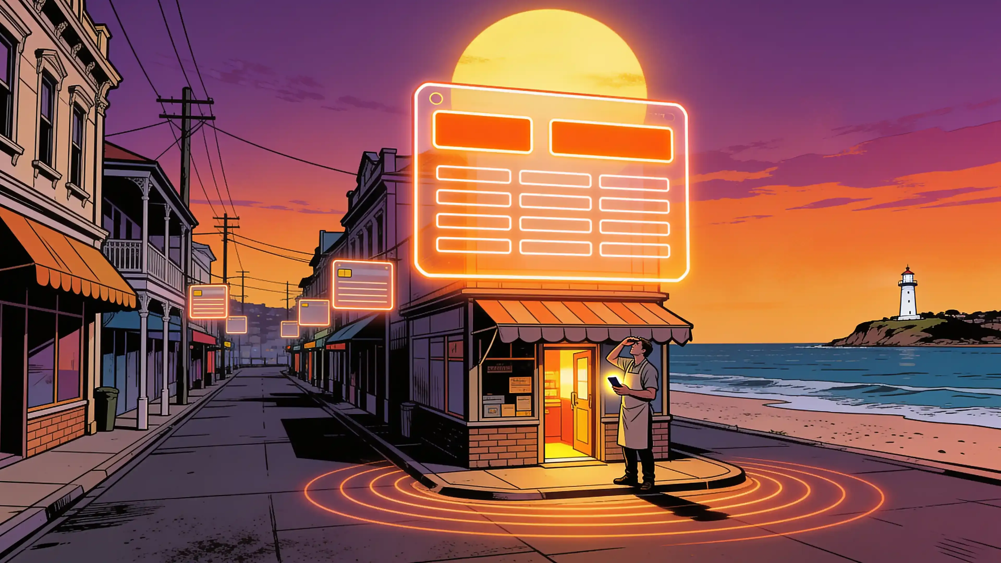 Illustration of a corner shop on a Newcastle street at sunset with a large glowing orange holographic form floating above it, two of its slots filled and the rest empty, while the shop owner in an apron looks up at it holding a phone