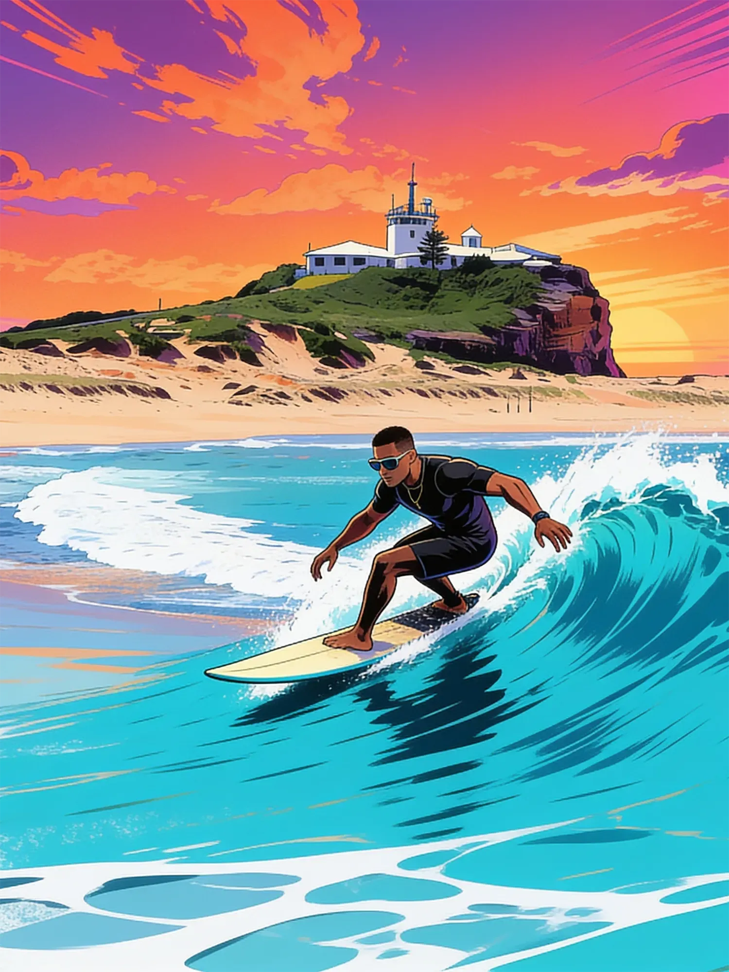 Illustrated surfer riding a wave at Nobbys Beach, Newcastle, with the lighthouse behind