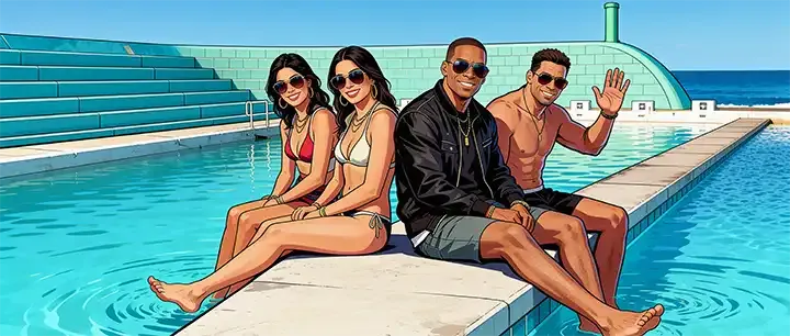 Illustration of four friends sitting on the edge of the Newcastle Ocean Baths