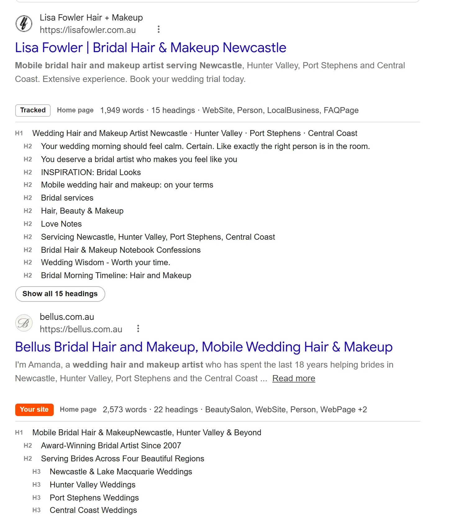Results for bridal hair and makeup newcastle with Rank Readout's outline under each: word count, schema, date and the page's headings from H1 down.