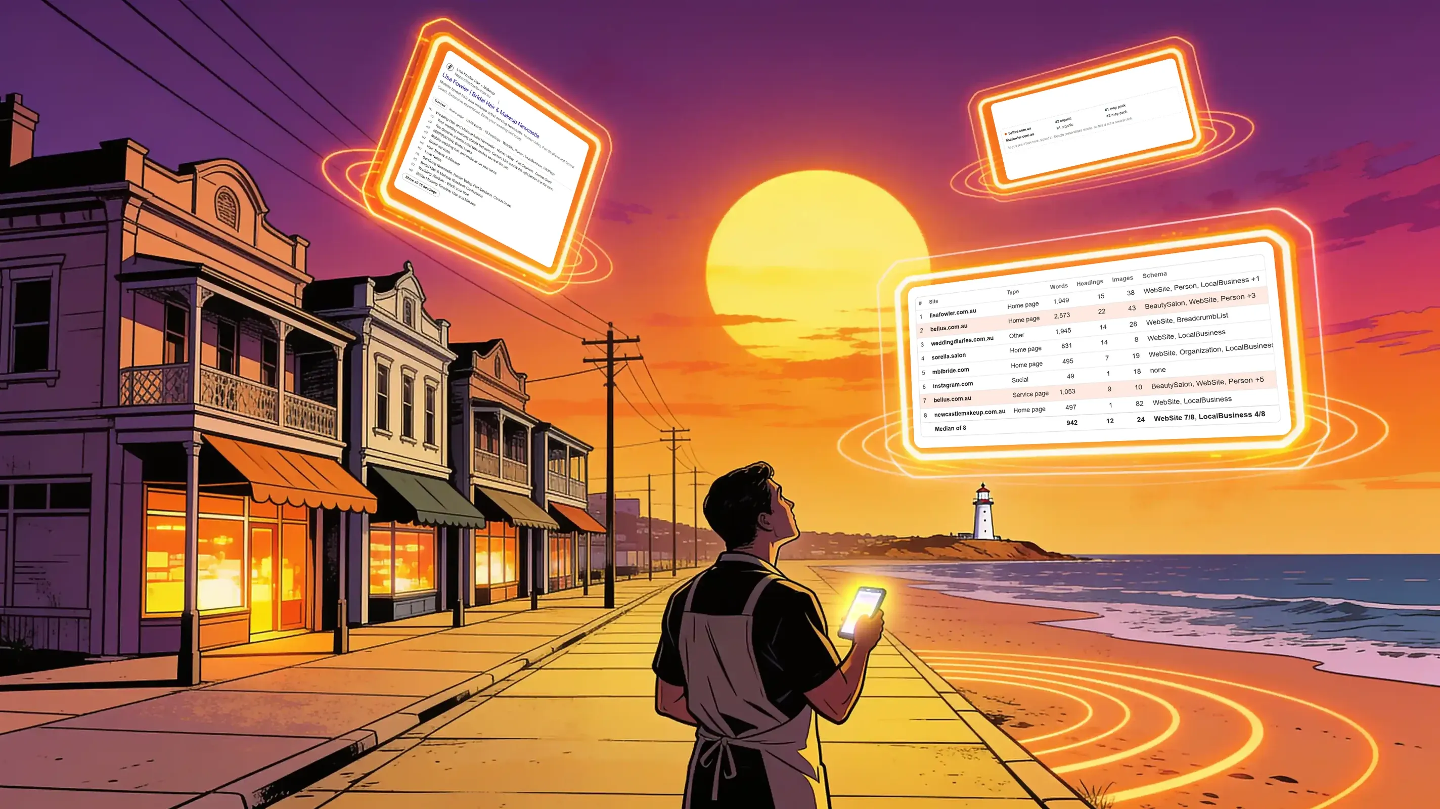 Illustration of a business owner in an apron on a Newcastle-style beachfront main street at sunset, looking up at three glowing orange holographic panels showing Rank Readout's real readout for bridal hair and makeup newcastle: a result's heading outline, the organic and map pack positions, and the comparison table of the top eight