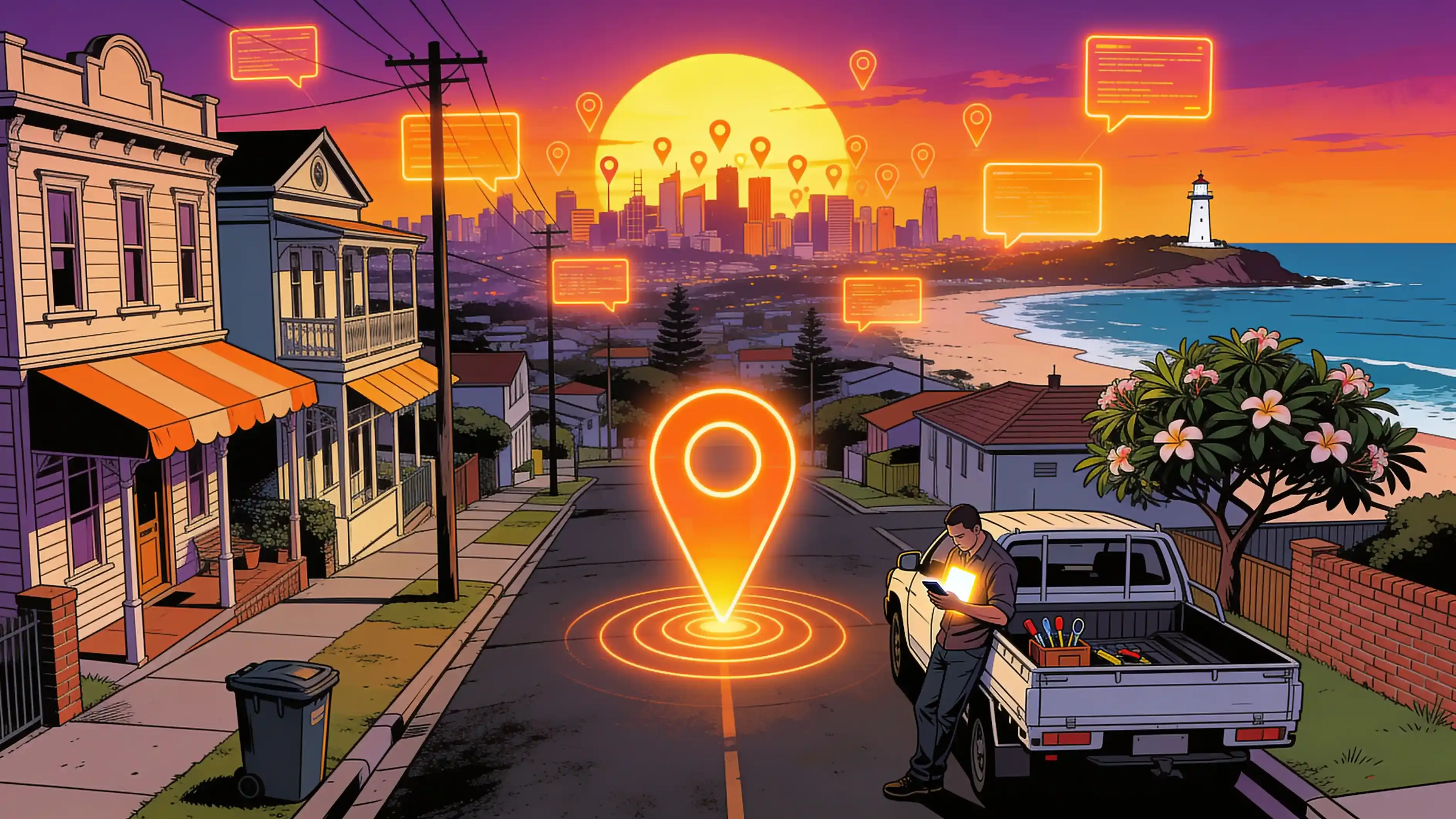 Illustration of a tradie's ute parked on a Newcastle suburban street, with a glowing orange map pin rising from the street in front of it and a row of smaller, fainter pins over the city skyline behind