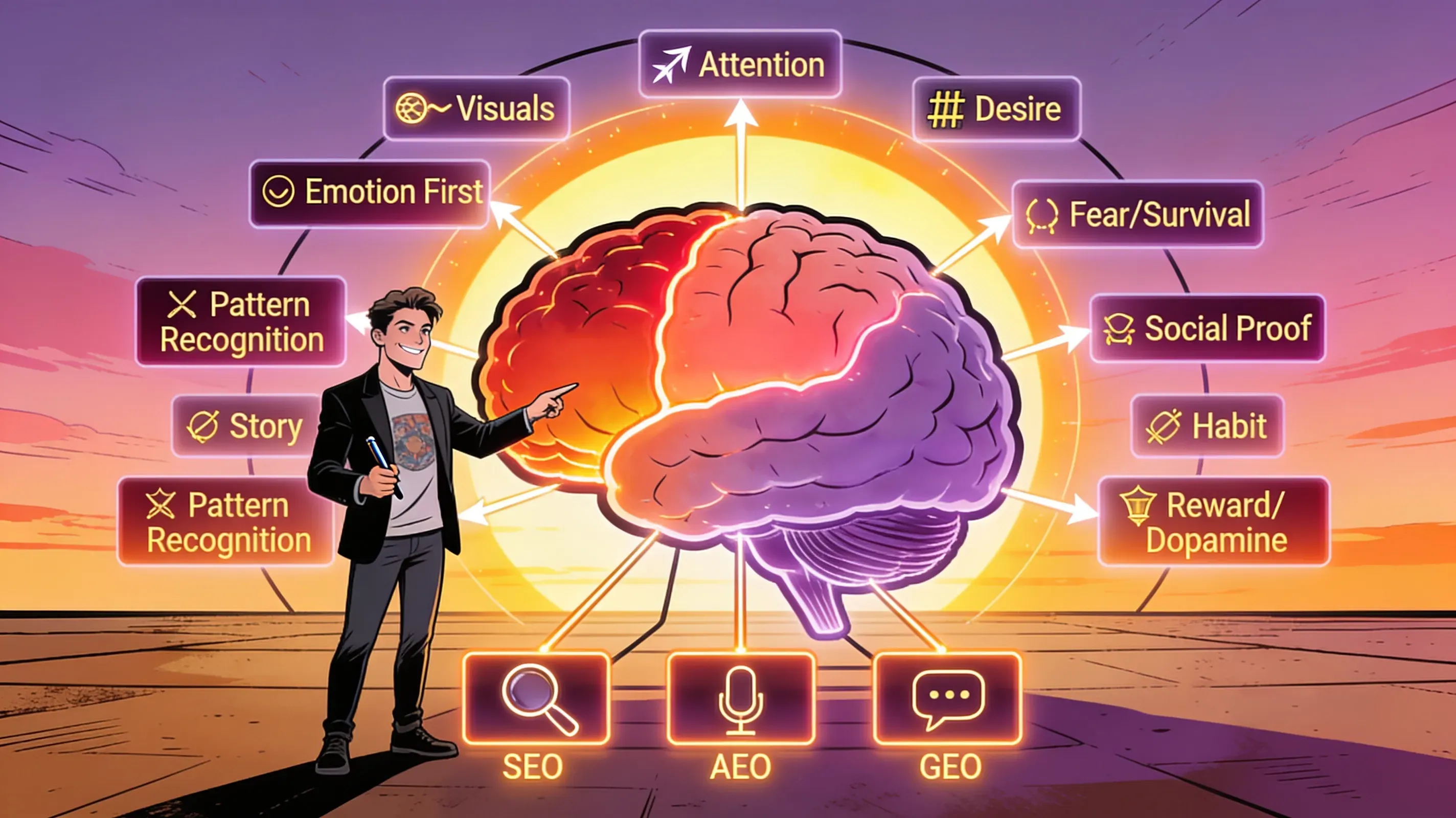 Illustration of a copywriter pointing at a glowing brain diagram labelled with buying triggers, feeding into SEO, AEO and GEO panels