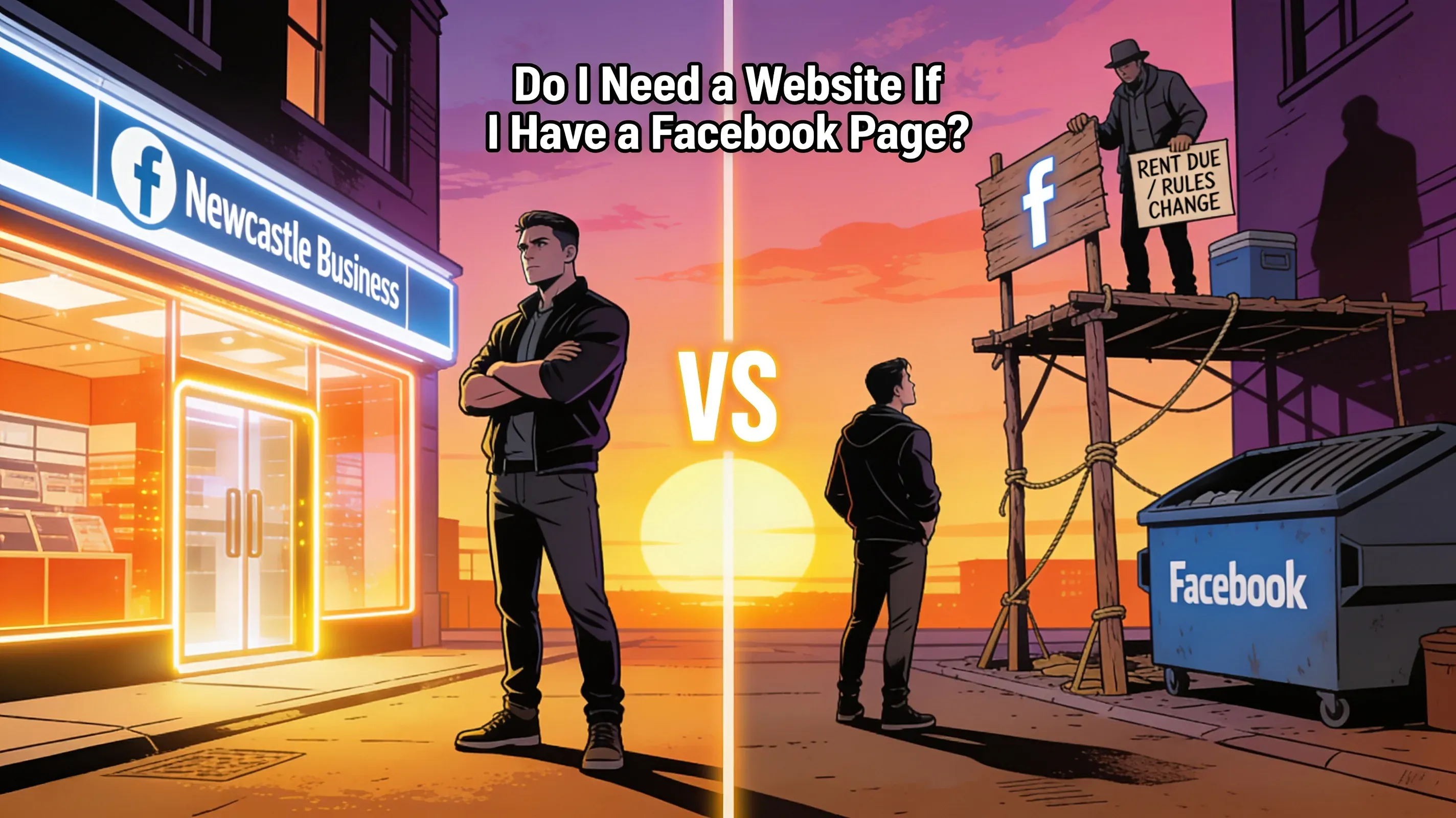 Split illustration comparing a lit up Newcastle business shopfront with a rented Facebook billboard where the landlord is changing the rules
