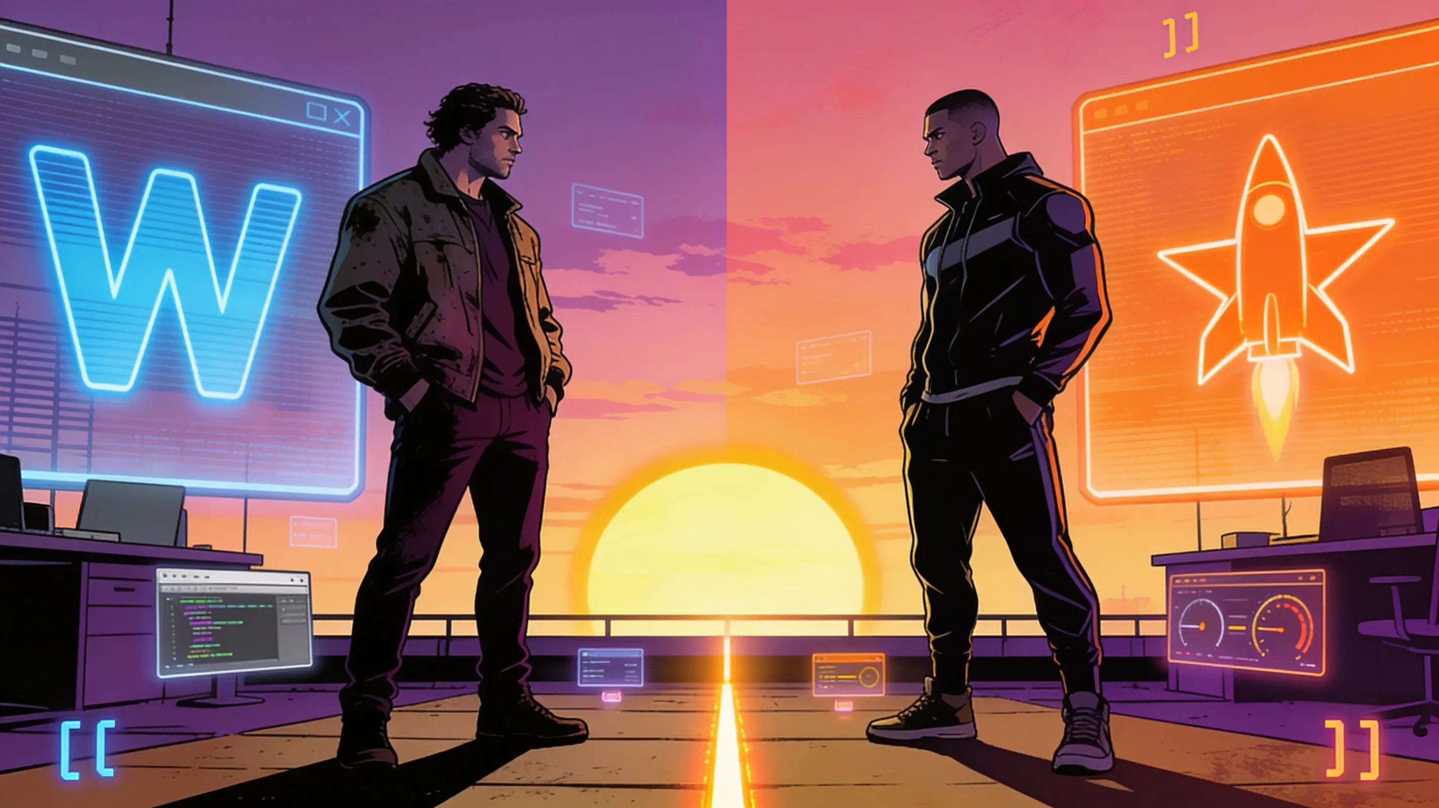 Illustration of two figures facing off at sunset, one beside a glowing blue WordPress screen and one beside an orange Astro rocket screen